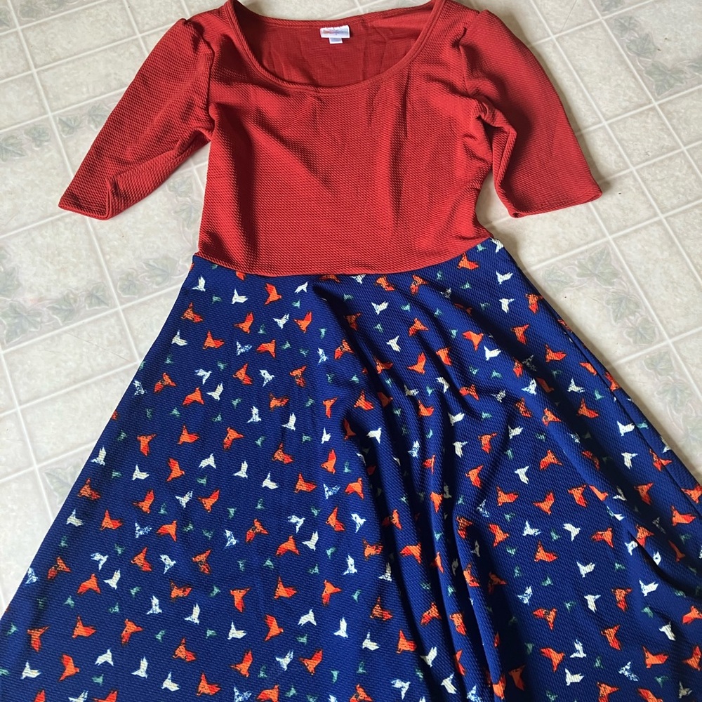 Lularoe Orange Bodice Blue Boat skirt Print Nicole Short Sleeve‎ XL Size